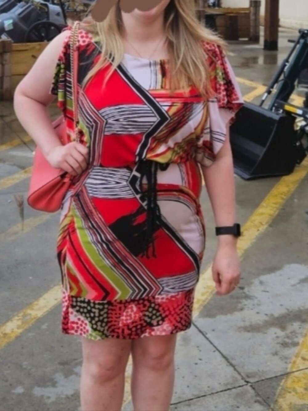 Medium Strechy Colorful Abstract Print Boatneck Elastic Split Sleeve Dress
